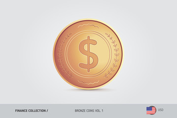 Bronze coin. Realistic bronze United States Dollar coin. Isolated object on background. Finance concept for websites, web design, mobile app, infographics.
