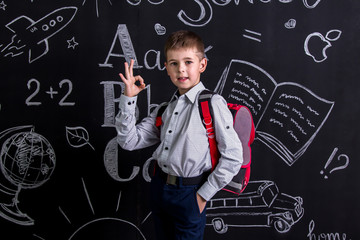 Cute schoolboy standing before the chalkboard as a background with a backpack on his back showing the sign OK. Landscape picture