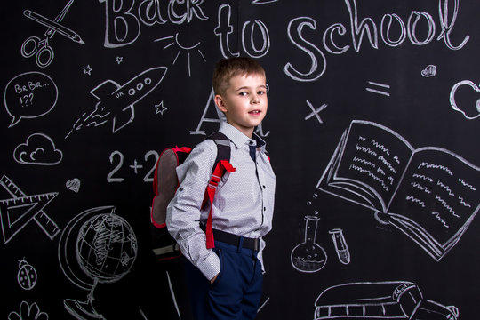 Happy schoolboy standing before the chalkboard as a background with a backpack on his back. Landscape picture