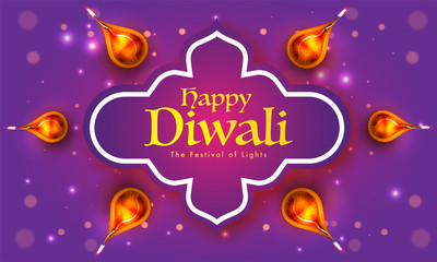 Happy Diwali poster or banner design, top view of illuminated realistic oil lamps on purple bokeh background.