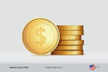 Gold coins. Realistic United States Dollar coin standing near of stacked coins. Finance concept for websites, web design, mobile app, infographics.