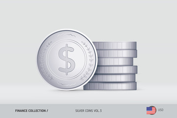 Silver coins. Realistic United States Dollar coin standing near of stacked coins. Finance concept for websites, web design, mobile app, infographics.