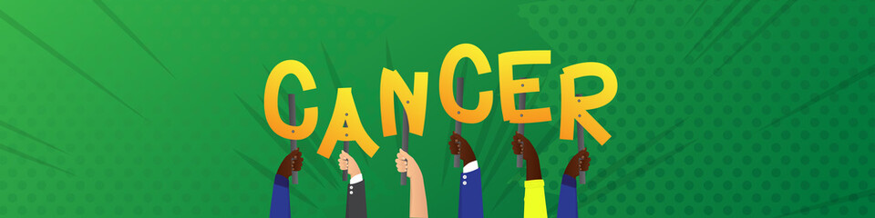 Diverse hands holding letters of the alphabet created the word Cancer. Vector illustration.