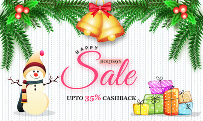Fototapeta na wymiar Happy Holidays Sale Banner with 35% Cashback Offer, Snowman, Gift Boxes. Advertisement Poster Design Decorated with Holy Berries and Jingle Bells.