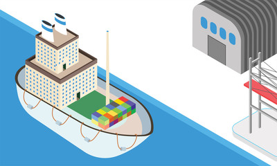 Maritime shipping concept based isometric design, cargo boxes out of warehouse, seaway transportation web template design.