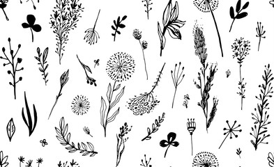 Black seamless pattern with grass on a white background. Hygge, boho style. Vector illustration. design element for fabric, wrapping paper, congratulation cards, print, banners and others - 226179521