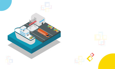 Isometric seaport illustration, delivery boxes out of warehouse, seaway shipping or transportation concept based web template design.