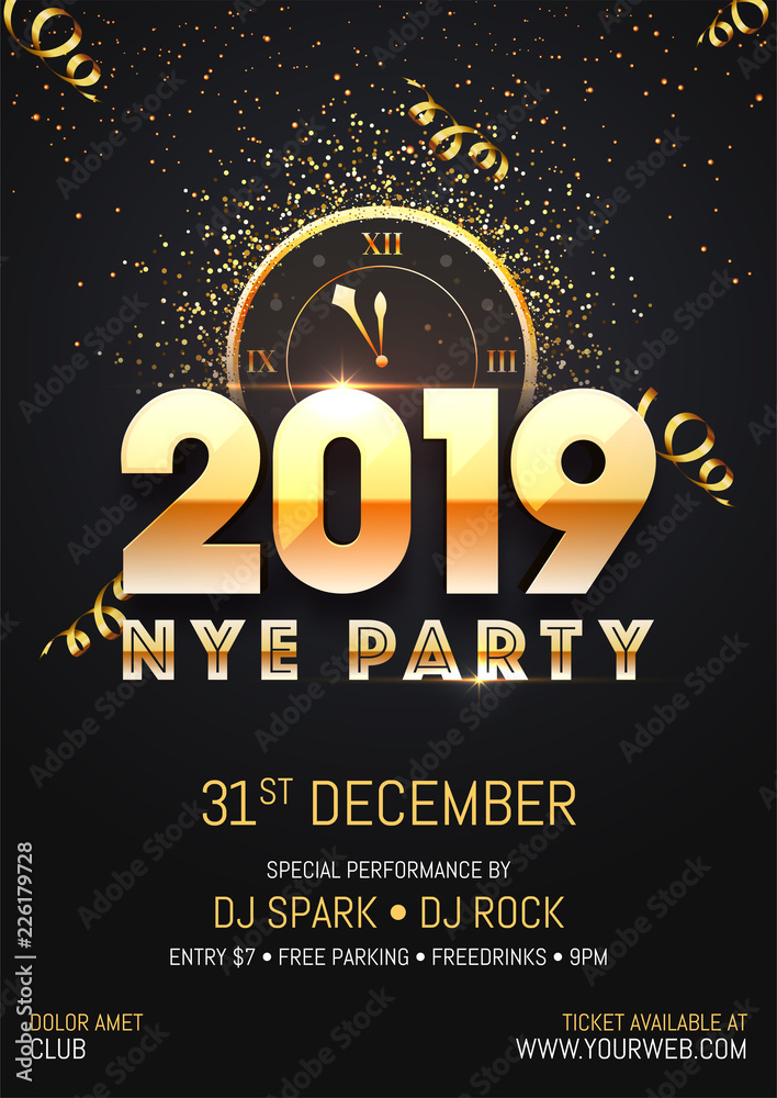 Wall mural creative 2019 nye (new year eve) party template or flyer design with time and venue details for new 