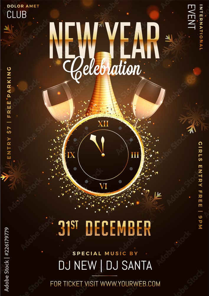 Canvas Prints new year celebration template design with wall clock, champagne bottle and glass on blurred brown ba