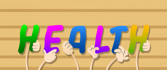 Diverse hands holding letters of the alphabet created the word Health. Vector illustration.