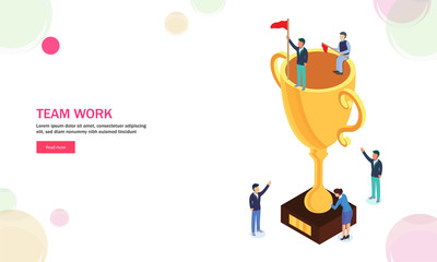 Miniature people cheering colleague to achieve the goal. Isometric design for Teamwork concept based landing design.