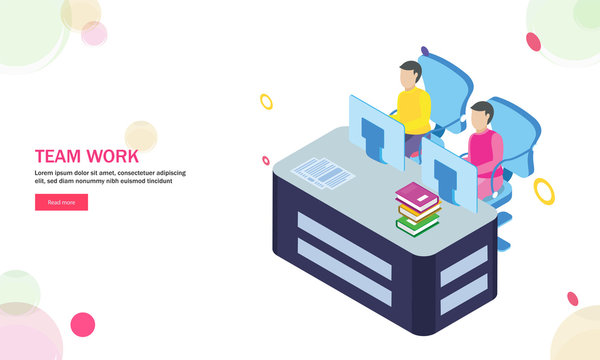 Teamwork concept based landing page design, isometric illustration of business people working on desktop on abstract background.