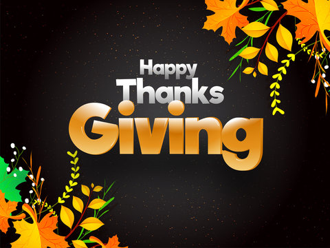 Happy Thanksgiving festival celebration concept based poster or template design decorated with maple leaves and bushes.
