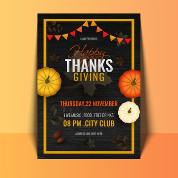 Happy Thanksgiving template design with time and venue details and pumpkins on black background.
