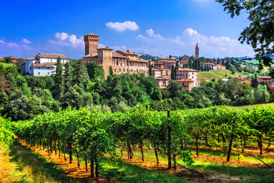Romantic vine route with medieval castles in Italy. Emiglia Romagna region, Levizzano village