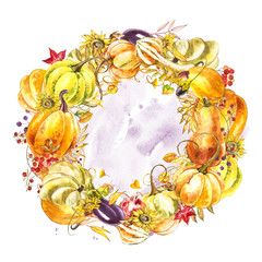 Autumn leaves and pumpkins wreath with space text on white background. Seasonal floral maple oak tree orange leaves with gourds for thanksgiving holiday, harvest decoration watercolor design.