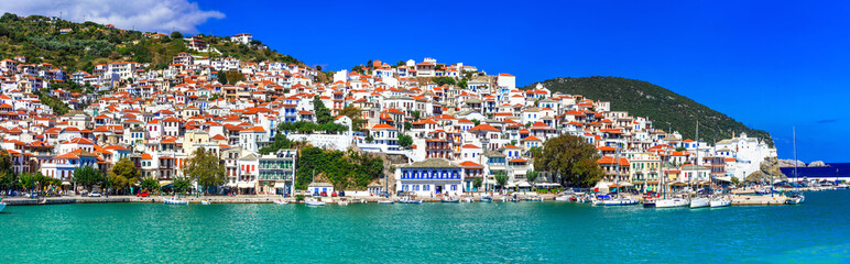 Beautiful greek islands- amazing Skopelos. view of town and port. Sporades, Greece