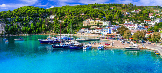 Picturesque Alonissos island - relaxing tranquil hollidays in Greece. Patitiri bay. Sporades