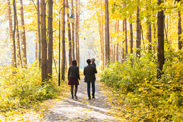 Fototapeta premium Fall, nature and family concept - family walking in autumn park, back view