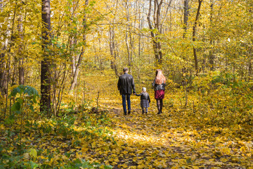 Fototapeta premium Fall, nature and family concept - family walking in autumn park, back view