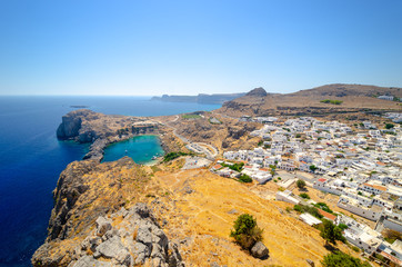 Fototapeta premium View on St Paul`s Bay in Lindos, Rhodes island, Dodecanese, Greece