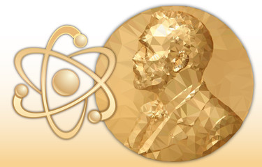 Nobel Physics award, gold polygonal medal and atomic structure symbol