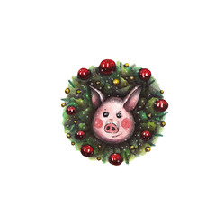 Watercolor New Year wreath with pig