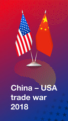 Flags of United States of America and China on a fashionable gradient background. Concept of trade war between China and USA. Vertical vector illustration
