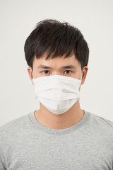 Stop the infection healthy man showing gesture stop of man wear protective mask against