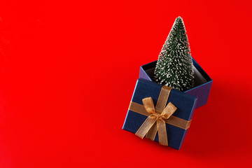 Christmas tree in a present box on red background