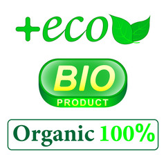 Eco, Bio product, Organic 100 precent lettering. Green leaf