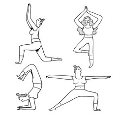 Collection of hand drawn yoga exercises poses for women. Vector illustrations in sketch doodle style.