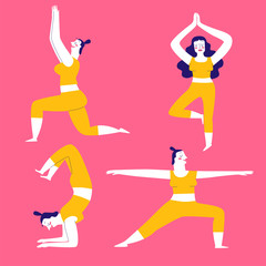 Collection of hand drawn yoga exercises poses for women. Vector illustrations in sketch doodle style.