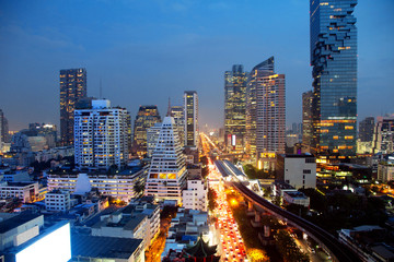 Cityscape Bangkok city night tower skyline in Bangkok Asia Thailand