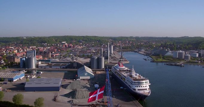 Static arial frontview of the cruiseship at dock visiting Aabenraa, Denmark
