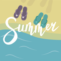 Sea beach with slippers on the shore and the inscription summer