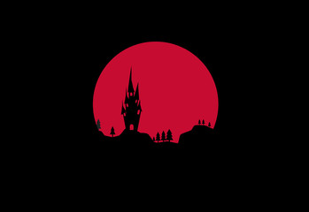 Night landscape with a castle on the background of the red moon