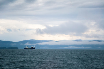 A dramatic, overcast scenery on the coeast of fjord during a ferry ride in Norway near Bergen. Moody autumn landscape of fjord.