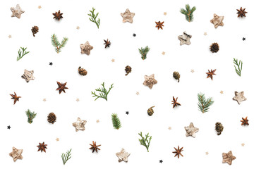 Christmas Pattern With Cones, Stars And Twigs