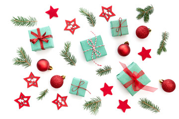 Christmas Arrangement With Small Christmas Gifts, Balls, Stars And Pine Twigs