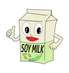 Vector of a soy milk box. Animated cartoon with face and thumb up. Design with soy beans and seeds.