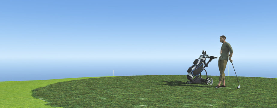 Golf player with golf cart giving a jump 3d illustration