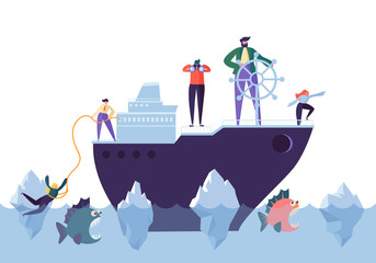 Business People Floating on the Ship in the Dangerous Water with Sharks. Leadership, Support, Crisis Manager Character, Teamworking Concept. Vector illustration