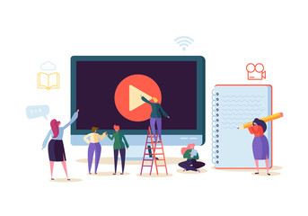 Online Education Concept. E-Learning with Flat People Watching Streaming Video Course on Computer. Graduation University College Students Characters. Vector illustration