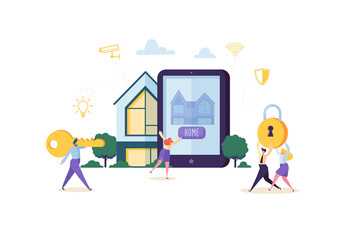 Smart House Technology Concept. People Characters Controlling Home Sequrity and Power Energy with Mobile Application on Tablet. Vector illustration