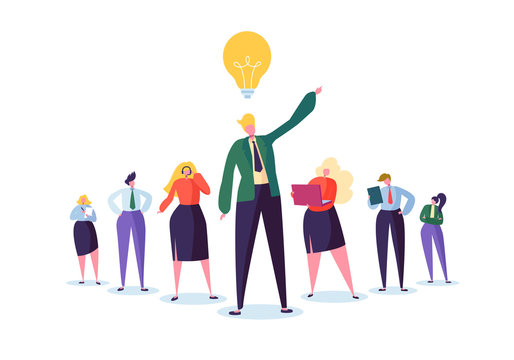 Group of Business People Characters with Leader. Teamwork and Leadership Concept. Successful Businessman with Idea Light Bulb Stand Out in Front of Flat People. Vector illustration