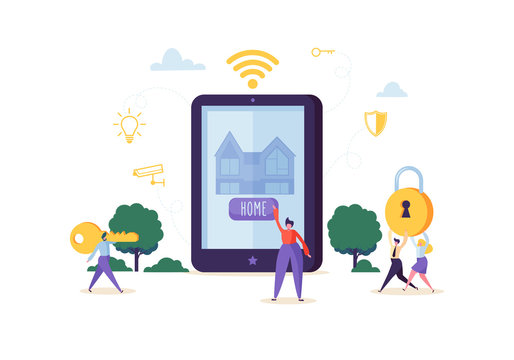 Smart House Technology Concept. People Characters Controlling Home Sequrity and Power Energy with Mobile Application on Tablet. Vector illustration