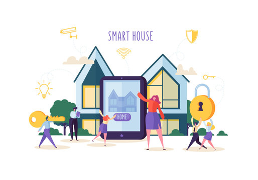 Smart House Technology Concept. People Characters Controlling Home Sequrity and Power Energy with Mobile Application on Tablet. Vector illustration