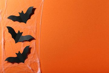 Halloween paper bats in cobweb on orange background