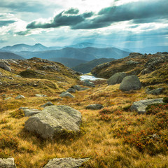 A beautiful autumn landscape in Folgefonna National Park in Norway during a hike in windy, rainy weather. Mountains in Scandinavia. Autumn scenery in wilderness.